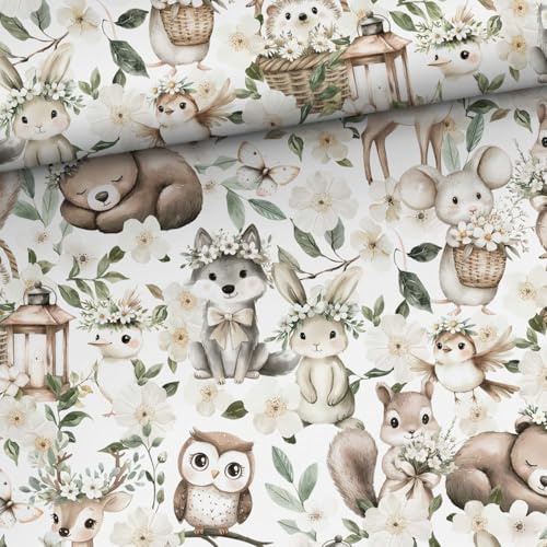 50x150cm Baumwollstoff mit Tiere & Blumen - Mädchen Kinderstoffe & Babystoffe aus 100% Baumwolle - Waldtiere Stoffe zum Nähen für Kinder & Baby - Tierliebe Premium Baumwollstoff - keine Meterware