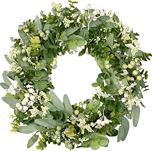 Eukalyptus-Kranz für die Haustür, 45 cm/18 Zoll grüner Frühlings-Sommer-Kranz, lebensechte künstliche kleine Türkranz-Dekoration für Bauernhaus