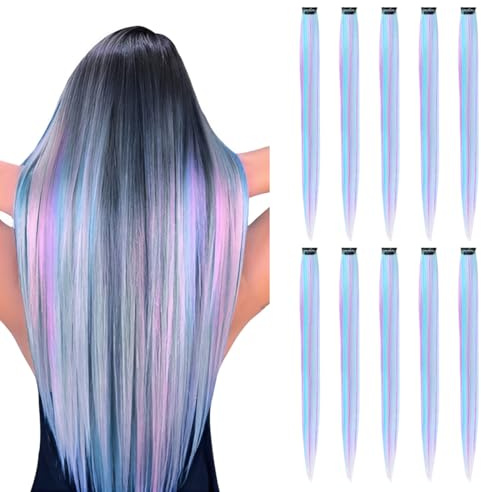 ROKZELT 10 Pezzi Extension Capelli Colorati Con Clip, Blu Viola Ciocche Colorate per Capelli, per Extension Capelli, Treccine Capelli Bambina, Ciocche Colorate per Capelli