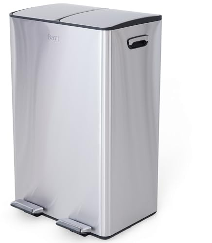 Bayt Poubelle Tri Sélectif 2 Bac 60L (2x30L) – Poubelle Cuisine 60 Litres à Pédale Inox | Poubelle Double Compartiment Anti-Odeur Soft Close pour Déchets et Recyclage Cuisine, Argent