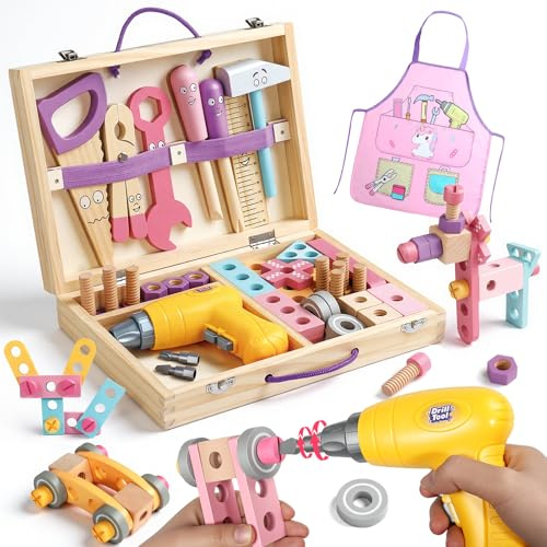 Kids Tool Set Wooden Toys for 3 Year Old Girls, Toy Drill& Tool Box& Apron