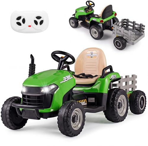 COSTWAY 24V Elektro Traktor mit Anhänger, Kindertraktor elektrisch inkl. 2,4G Fernbedienung, Elektrotraktor mit Hupe, Schalthebel, Musik & LED-Scheinwerfer, 3,2-7 km/h, für Kinder ab 3 Jahren (Grün)