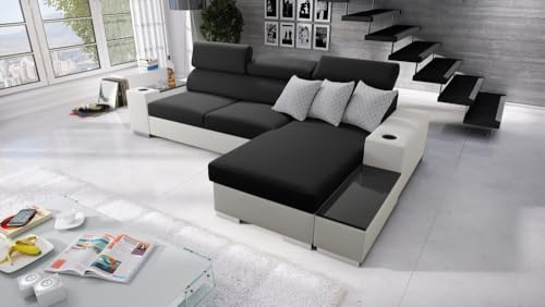 IM SOFA Ecksofa in L-Form mit Schlaffunktion und Stauraum Eckcouch PERS I MINI (Schwarz Sawana + Weißes Kunstleder, Rechts)