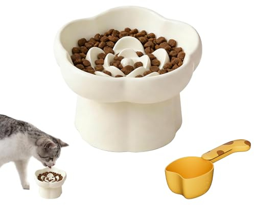 2Pcs Flower Raised Slow Feeder Cat Bowl Set, Ceramic Bowl Anti Vomiting | Ceramic, Elevated Puzzle Feeder for Indoor Cats Dry/Wet Food (1 bowl+1 spoon)