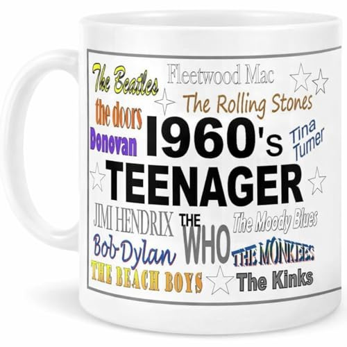 Stoneys Badges 1960s Teenager Music Mug – Retro Band Names Design Featuring Stars of The 60's