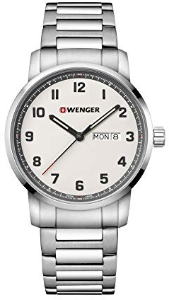 WENGER Herren Armbanduhr Attitude Ø 42 mm, Swiss Made, Analog Quarz, Wasserdicht bis 100 m, Edelstahl-Armband, Creme/Silber, 01.1541.120