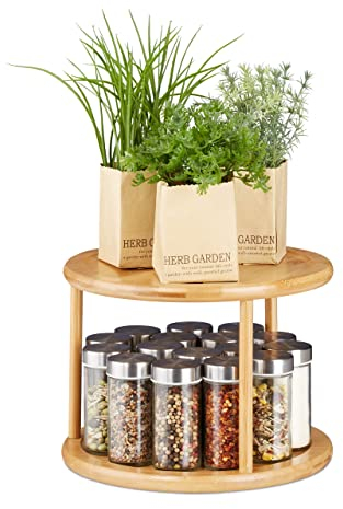 relaxdays Portaspezie Girevole per la Cucina, Porta Profumi, Vassoio per Armadietti, HxD 19,5 x 24,5 cm, bambù, naturale