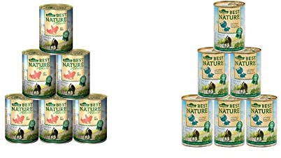 Dehner Best Nature Katzenfutter Adult, Lachs und Huhn, 6 x 400 g (2.4 kg) & Best Nature Katzenfutter Adult, Geflügelherzen und Kaninchen, 6 x 400 g (2.4 kg)