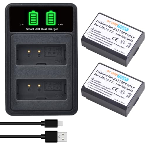 PowerTrust 2Pcs LP-E10 Akku mit Ladegerät für Canon EOS 4000D 3000D 2000D 1500D 1300D 1200D 1100D, Rebel T7 T3 T5 T6, Kiss X50 X70 X80 X90 Kamera