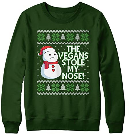Purple Print House Vegan Snowman Christmas Sweater Mens The Vegans Stole My Nose Christmas Jumper Vegetarian, S, Bottle Green