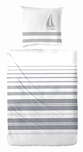 Hahn Renforcé Bettwäsche 135x200 cm + 80x80 cm Maritim Weiss Grau