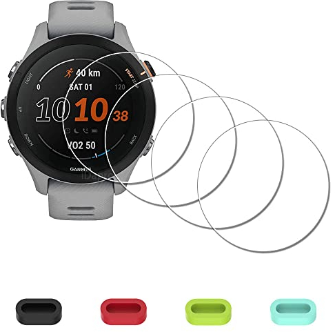 iDaPro [4Pcs Protection d'Ecran pour Garmin Forerunner 255s /255s Music 41mm+[4Pcs] Bouchons anti-poussière silicone,Verre Trempé,Dureté 9H,Anti-rayure,Sans Bulle,Anti-empreinte,Installation Facile