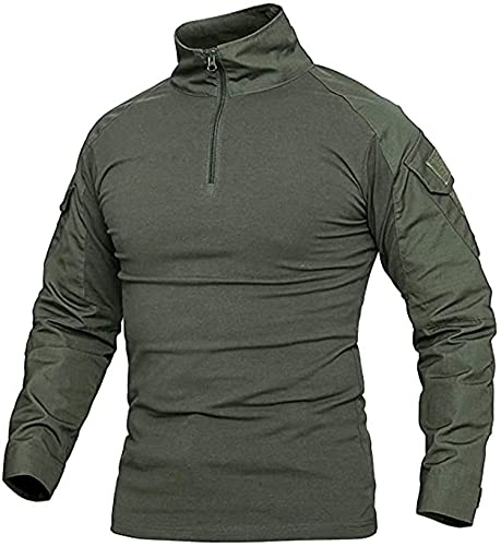Uugood Chemise Militaire Homme, T-Shirt de Combat à Manches Longues, Airsoft BDU Shirt Camouflage Uniforme Tactique Chemise Multicam pour l'armée Paintball Chasse, Vert, M