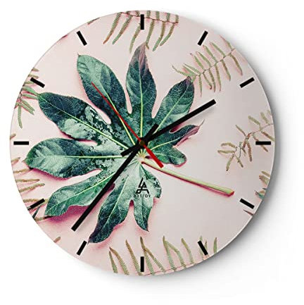 Modern Wanduhr Blatt Tropisch Palme 30x30cm Rund Klein Wand Uhr Glas Analog Zimmeruhren Küche Büro Wohnzimmer Glasuhr Wall Clock Dekoration Design Wanddekoration Küchenuhr C3AR30x30-4314