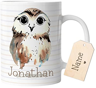 timalo® Tasse Tiere mit Namen personalisiert | Motiv Eule Wunschname Geschenk zur Einschulung, Weihnachten, Nikolaus für Kinder Aquarell | mug-t-23