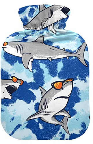 Hot Water Bottle with Soft Velvet Cover Sharks Tie Tye Hot Water Bag for Pain Relief Hot and Cold Compress Body Bed Warmer 2L
