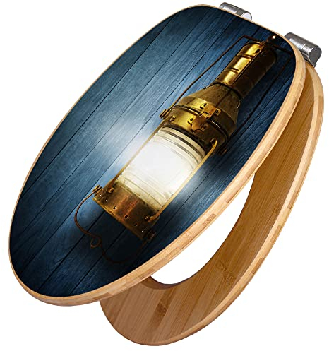 banjado Design WC Sitz Bambus Absenkautomatik 45,8x37,5cm - Toilettendeckel mit Absenkautomatik Holz - hochwertiger Bambus Klodeckel - WC-Sitz für gängigen Toiletten - Motiv Leuchte