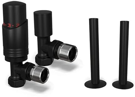 UK Radiators Black Radiator Valve 15mm Angled Lockshield Valve in Black and Matt Finish - Classy and Modern Design 1/2 x 15mm Angled Radiator Valve - with Black Matte 130mm Pipe Covers