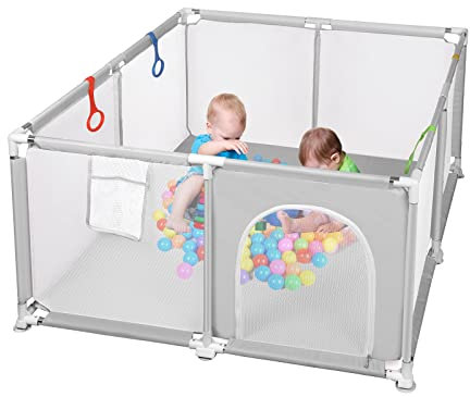 Parques de Juegos para Bebé con 30 Bolas y 2/4 Anillas de Seguridad, Parque Infantil Bebé Ultraligero y Portátil Centro de Actividades para Niños en Interiores y Exteriores (120x180cm, Gris)