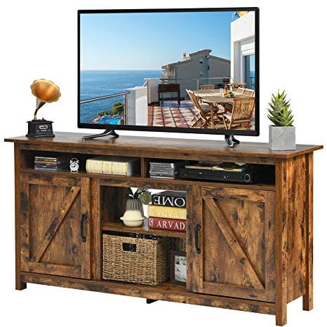 COSTWAY Farmhouse TV Stand for TVs up to 65, Wooden TV Cabinet Media Entertainment Center with Barn Doors & Open Shelf, Living Room Bedroom Industrial TV Unit Console Table for 18 Electric Fireplace