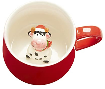 Jeuhoue Keramiktasse mit weihnachtlichem Kuh, verstecktes 3D-Tier-Innenfutter, 340 ml, Weihnachten, Geburtstag, Valentinstag, Überraschungsgeschenke für Freunde und Familie (Weihnachtskuh, 340 ml)