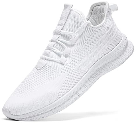 Tvtaop Mens Trainers Road Running Shoes Sneaker Gym Athletic Breathable Outdoor Sports Jogging Fitness Non Slip Lightweight Comfortable Casual Walking Shoes White 9 UK