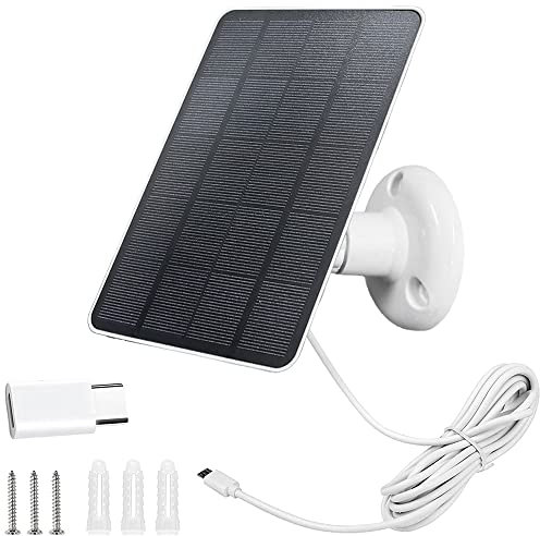 Panneau Solaire pour Caméra de Surveillance, Panneau Solaire DC 5V/5W, Panneau Solaire à Connexion Micro USB & USB-C, Chargeur Solaire Monocristallin IP65 avec Montage Réglable à 360 (Blanc)