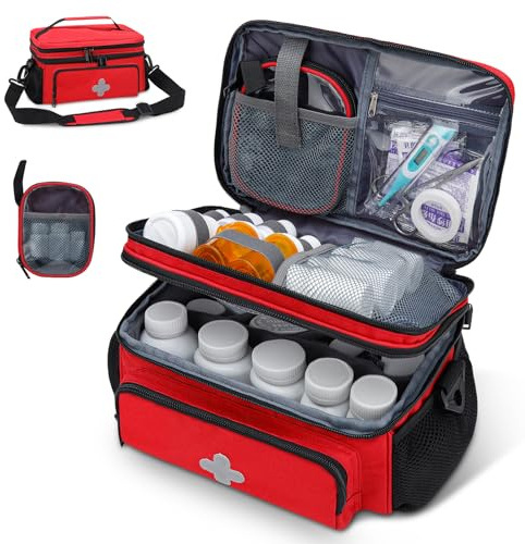GDNasist Medicine Storage Bag, Pill Bottle Organizer for Emergency, Medicine Box Empty with Small Portable Pouch, First Aid Box for Travel and Home Storage