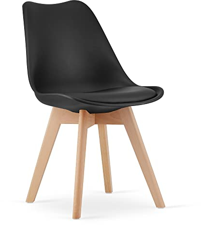 NMK HOME Esszimmerstuhl - Samt Küchenstuhl mit Sitzpolsterung und Natürlichen Holzbeinen - Schwarz Kunststoff Stuhl mit Holzgestell