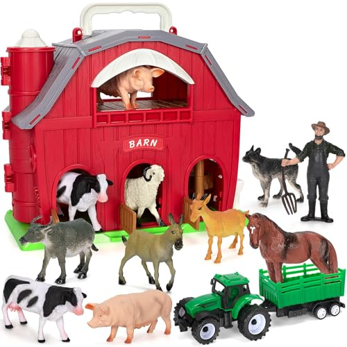 Ellinjan Farm Animals Toys for Toddlers Girls Boys, Big Red Barn Farm with Figures Animals and Tractor Toy for Kids 3 4 5, Farm Playset Educational Learning Toys, Ideal Christmas Birthday Gifts