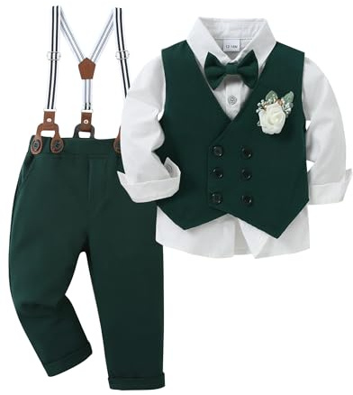 ZOEREA Baby Jungen Bekleidungsset Anzug Gentleman Festliche Taufe Hochzeit Langarm Kleid Hemd + Bowtie + Weste + Boutonniere + Hosenträge Grün,4-5 Jahre