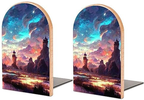 Niapessel Buchstützen Buchstützen für Regale zum Halten von Büchern, Fantasy-Nacht-Landschaftsdruck, klein, rutschfest, Buchstopper, Holz, dekorativ, Heimbüro, Schreibtisch