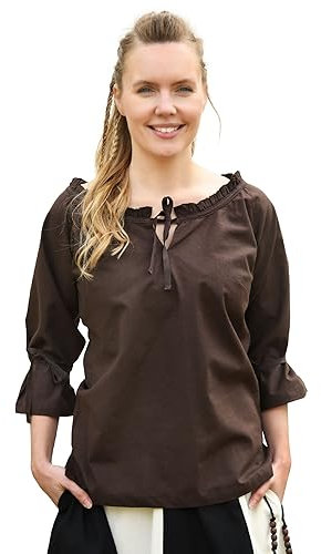 Battle-Merchant Mittelalter Bluse | LARP Bluse aus Baumwolle mit 3/4 Arm | Mittelalter Kleidung für Damen (XL, Braun)