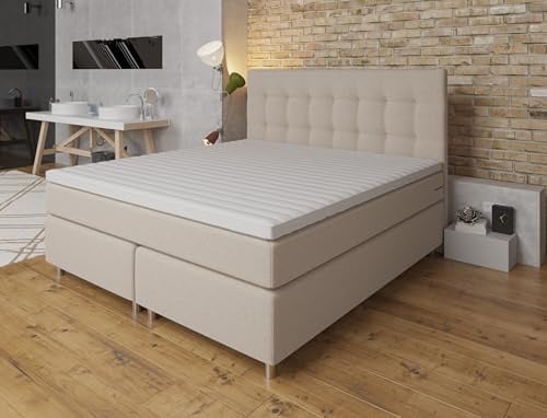 Tesla Dreams Boxspringbett 200x200 Ronda, 7 Zonen Taschenfederkern-Matratze H2/H3/H4, 5 Jahre Garantie, Topper Latex, Unterbau Taschenfederkern, Montage verfügbar, Beige