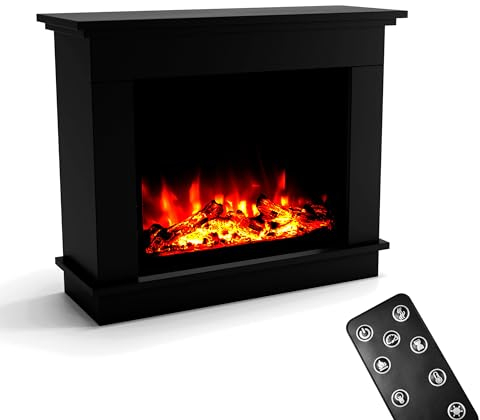 GLOW FIRE Elektrokamin mit Heizung und Kaminfeuer (Standkamin Atlas) - elektrischer Kamin mit LED-Feuer in 3 Farben, Heizlüfter, Holz-Deko & Fernbedienung, 70x86x30 cm, Schwarz