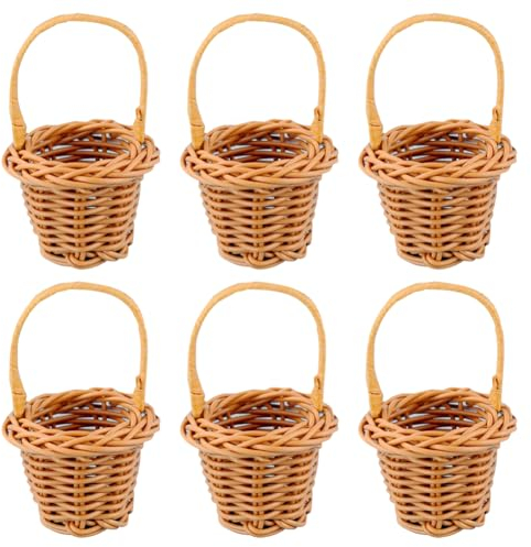 HugeDE 6 Pcs Small Rattan Craft Woven Miniature Wicker Baskets with Handles