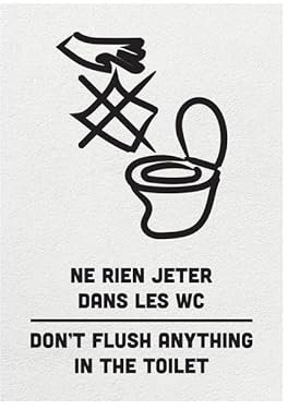 Sticker NE RIEN JETER DANS LES WC - DON'T FLUSH ANYTHING IN THE TOILET blanc format A6