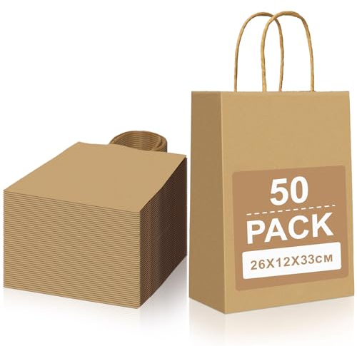 Gucass 50 Stück Groß Papiertüten mit Henkel, Braun Geschenktüten Kraftpapiertüte Papiertragetasche, Mitgebseltüten Geschenktaschen für Geburtstag Partys Hochzeit Weihnachten Halloween(26x12x33cm)