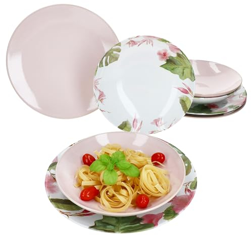 MÄSER Ossia Exotic Tearose Service de table 8 pièces rose I pour 4 personnes I 4 assiettes creuses de 500 ml & assiettes plates en rose et décor tropical I Vaisselle en faïence pour déjeuner et dîner