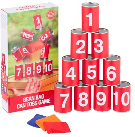 Relaxdays Can Alley, for Kids, Garden Toss Game, 10 Tins & 3 Bean Bags, for Birthday Parties, Throwing, Active, Red, Iron, 9.5 x 8 x 12 cm