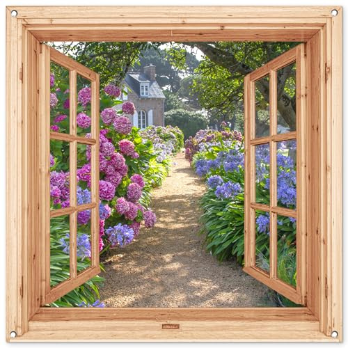 MuchoWow© Gartenposter Groß XXL Outdoor Bilder Gartendeko für draußen | 100x100 cm - Wetterfest Garten Zaun Deko Banner Bild Gartenzaun Hortensie - Fensterblick - Blumen - Lila - Braun