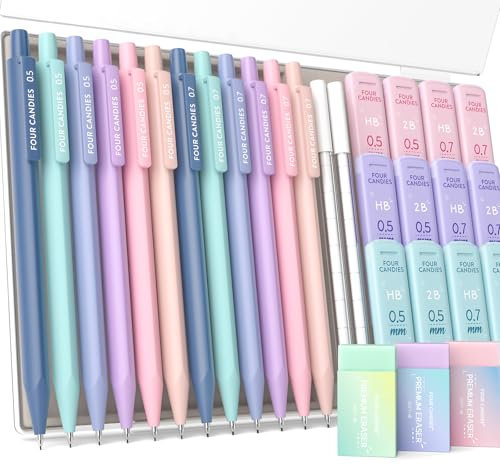Four Candies Druckbleistift-Set, mit 0,5 & 0,7mm Minen, Pastellradierer & Radiergummi-Nachfüllungen, 29er Pack mit Etui, niedliches ästhetisches Schulmaterial zum Schreiben, Zeichnen, Skizzieren