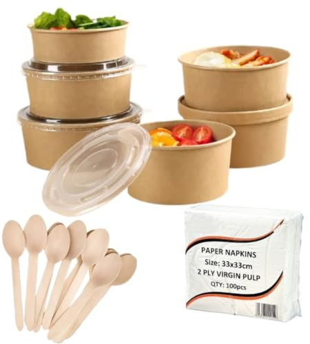 HOT BARGAINS 35oz Kraft Paper Salad Bowls with Wooden Cutlery Set, 100 Sets