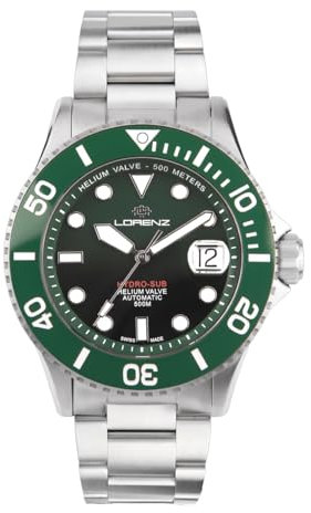 Lorenz Hydro-Sub 090011DD Herren-Armbanduhr, Automatik, Schweizer Uhrwerk, Edelstahl-Armband, 500 m, inklusive Gummi-Armband, grün, Modern