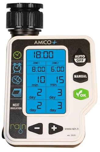 RIEGOPRO Programador de Grifo Rain Amico+. Disponible en 1 y 2 Zonas de Riego. Pantalla retroiluminada de 3 One Look Donde podrás Ver una visión inmediata de la programación. (1 Zona)