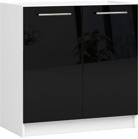 3E 3xE living.com Meuble évier de Cuisine : Deux Portes, Une étagère, Couleur : Blanc/Noir Brillant, D : L : 80 cm, H : 82 cm, P : 46 cm.