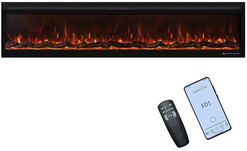 Oxhark Flame 183cm Electric Fireplace Wall Mounted/Recessed Fire Places with surround 72inch Realistic Heating, 13 * 13 Flame Effect with Log& Crystals, Remote control Temperature& Timer, Black | Touch Screen & Remote & APP Control, 169 Realistic Flame Color Combinations, Timer & Thermostat WIFI Fireplace Heater, Black