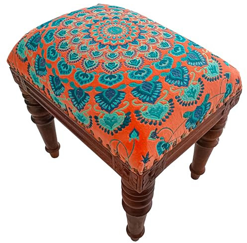 Fußhocker mit marokkanischer Samtstickerei und Rahmen aus Mangoholz – 40x30x40cm | gepolsterte Holzbank, Boho-Akzent-Ottomane für Wohnzimmer, Schlafzimmer und mehr