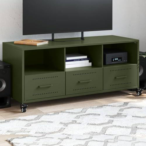 Brokky Mobile TV Verde Oliva 100,5x39x43,5 cm in Acciaio-Mobile TV per TV,Mobile Porta TV e Cassetto,Armadietto Consolle Credenza Moderno