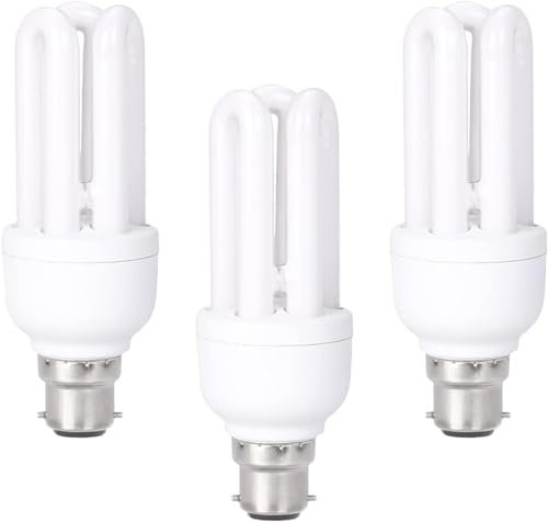 3 Pack 11W Equivalent to 60W, Daylight White 6400K B22 Bayonet Bulbs, B22d Bayonet Cap, 3U CFL BC Compact Fluorescent Stick Bulbs